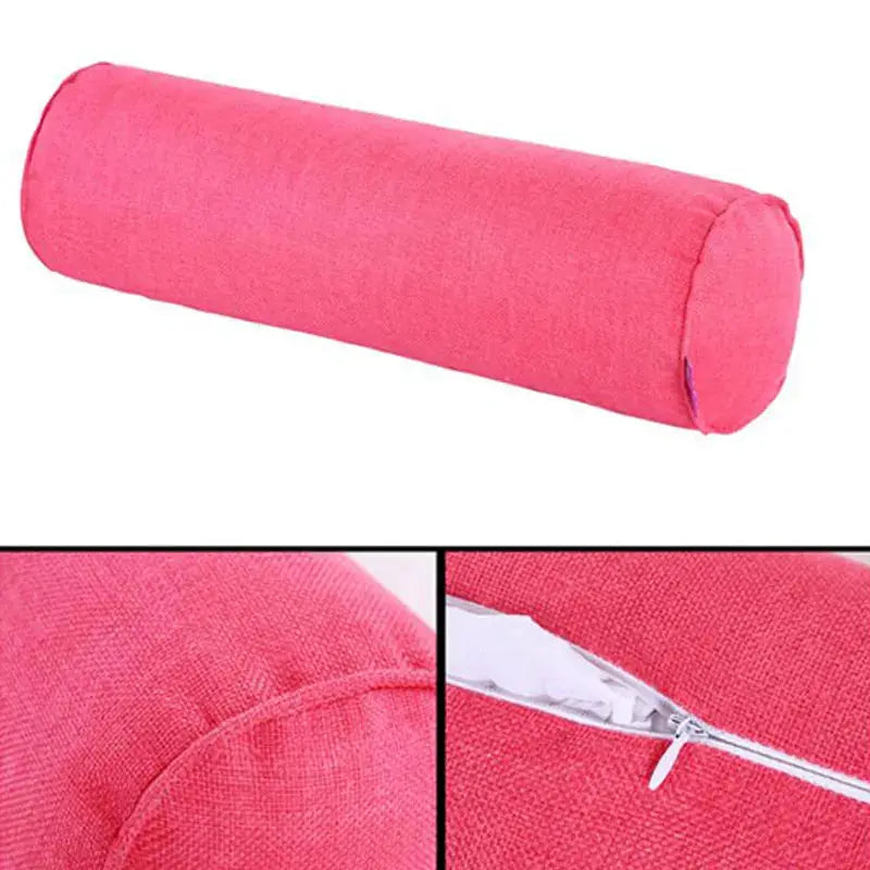 Cylindrical pink pillow case, cotton-linen with zipper for neck roll headrest.