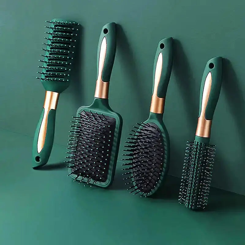 KLINA hair brushes set (4) by Simples Market in green with copper accents - paddle and round detangling spa tools