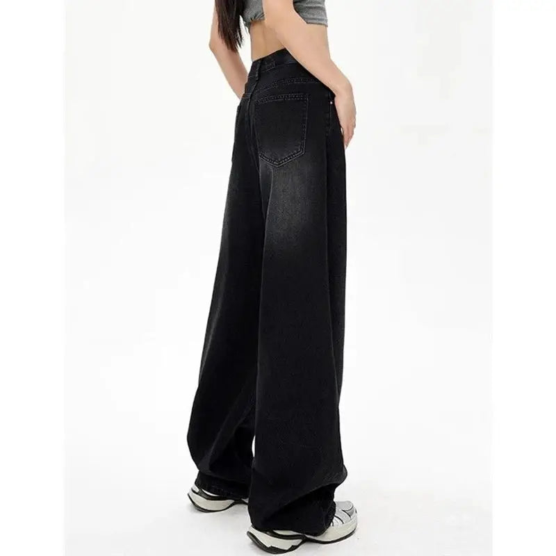 Lady Retro High Waist Black Gray Denim Jeans For Women Straight Leg