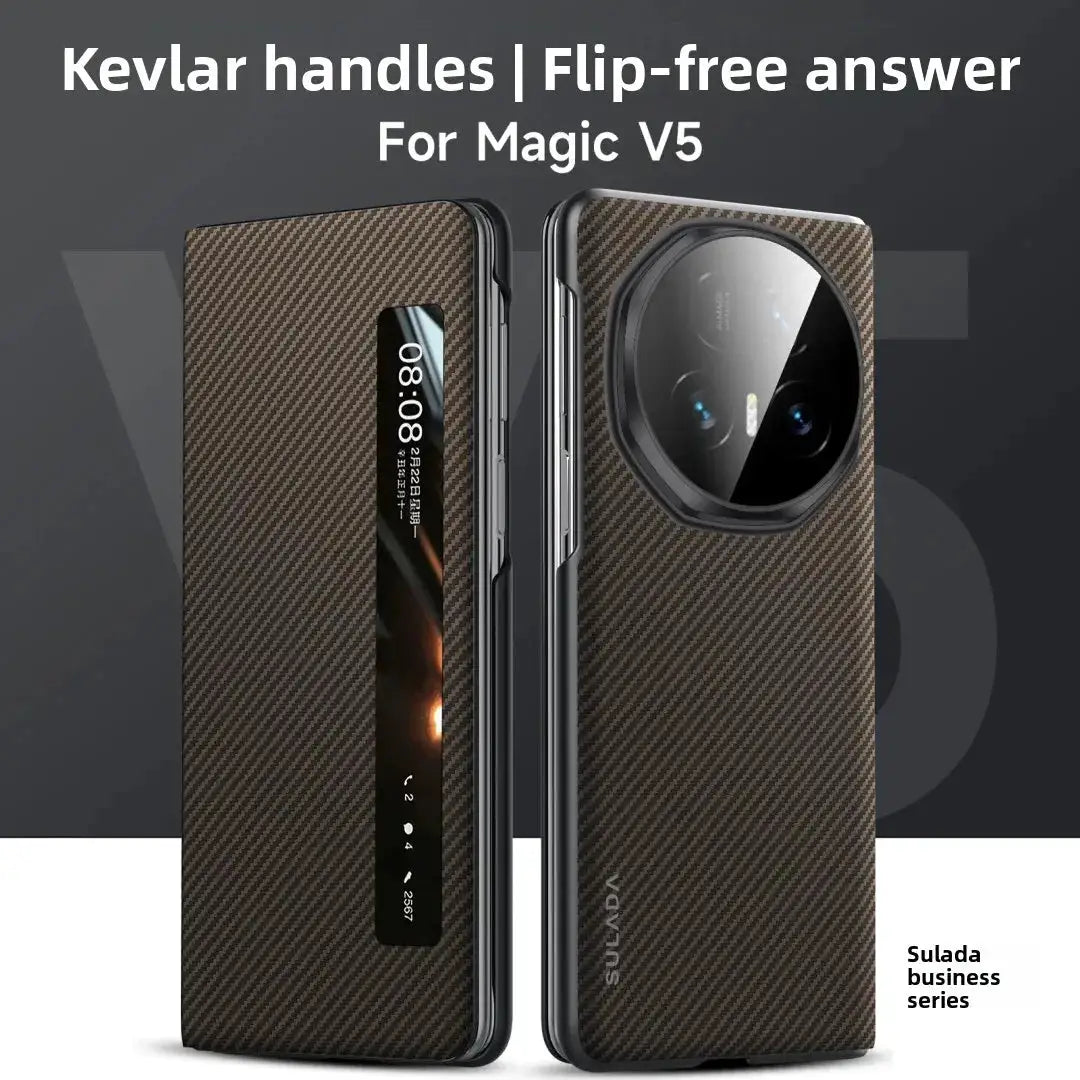 Simples Market carbon fiber flip phone case for Honor Magic V5 with video window, brown textured finish