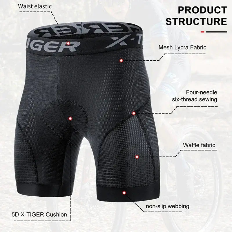X-TIGER cycling shorts by Simples Market with 5D padded liner, black breathable mesh fabric and anti-slip leg grips