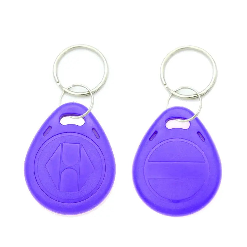 Two purple EM4305 125kHz keyfobs with metal rings for quick access