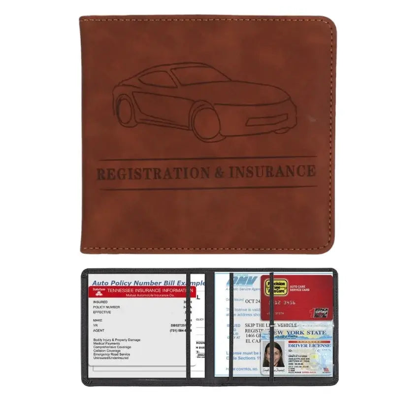 Simples Market men's brown leather card holder wallet with car embossing for license, registration and insurance cards.