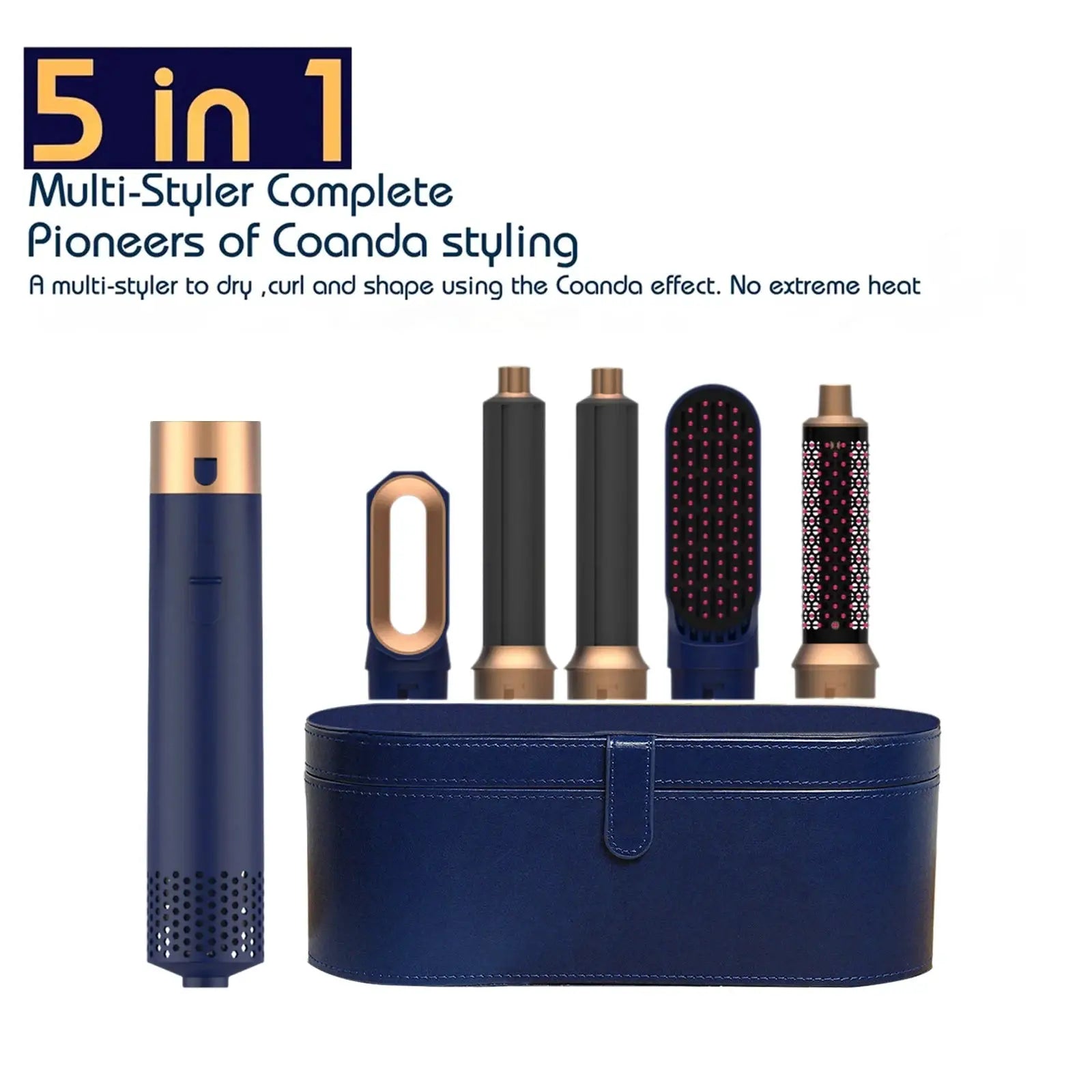 5-in-1 hair styler set with navy blue body and rose-gold attachments, 6-piece kit in blue pouch