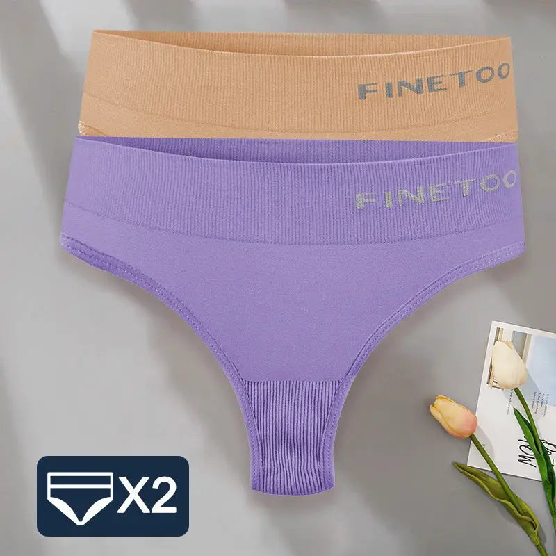 FINETOO 2-pack high-waist thong panties for women in lavender and nude, sizes M–2XL