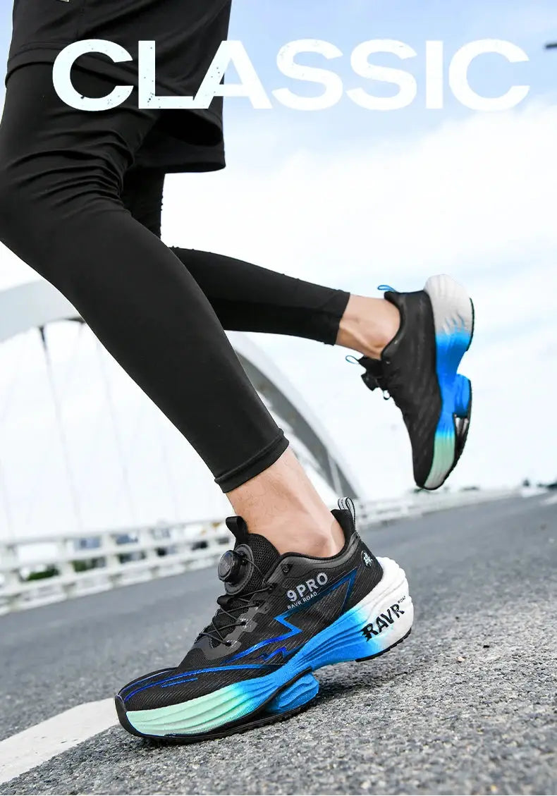 Men's black running shoes with blue-to-teal gradient midsole and mesh upper