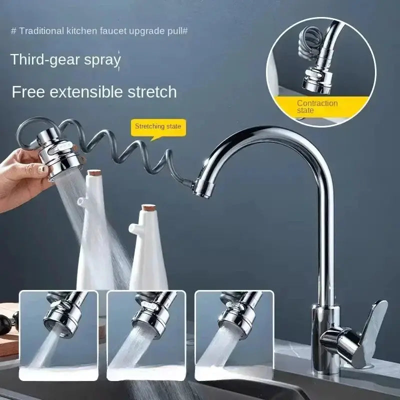 Simples Market chrome 3-mode kitchen sink faucet with 360° rotation and extendable spray hose
