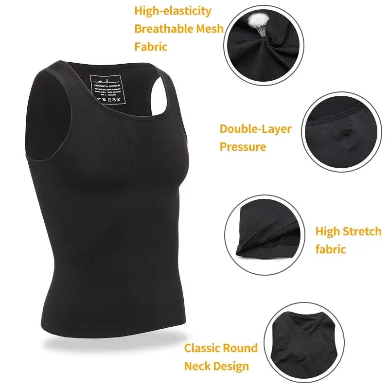Mens black slimming body shaper tank top with breathable mesh fabric by Simples Market