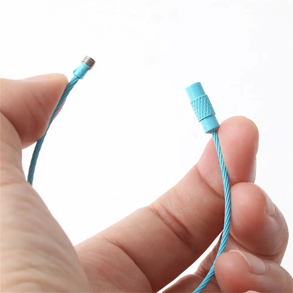 Two blue braided keychain cords with stainless steel screw-lock tips