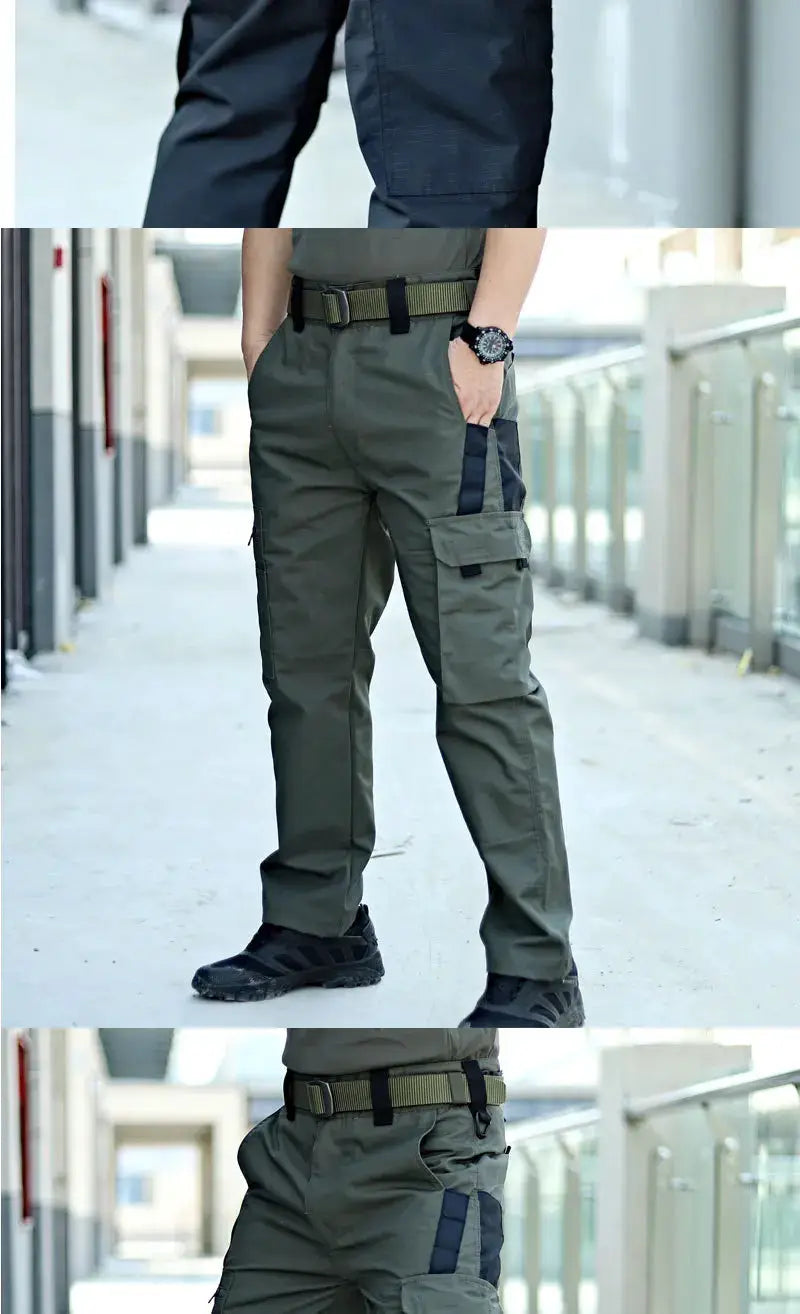 Tactical work pants for men by Simples Market, olive green waterproof cargo trousers with multiple pockets and belt.