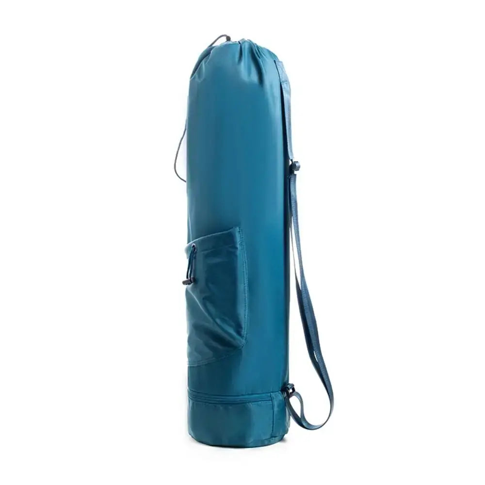 Yoga mat bag backpack in teal blue with side pocket and adjustable strap, large capacity.