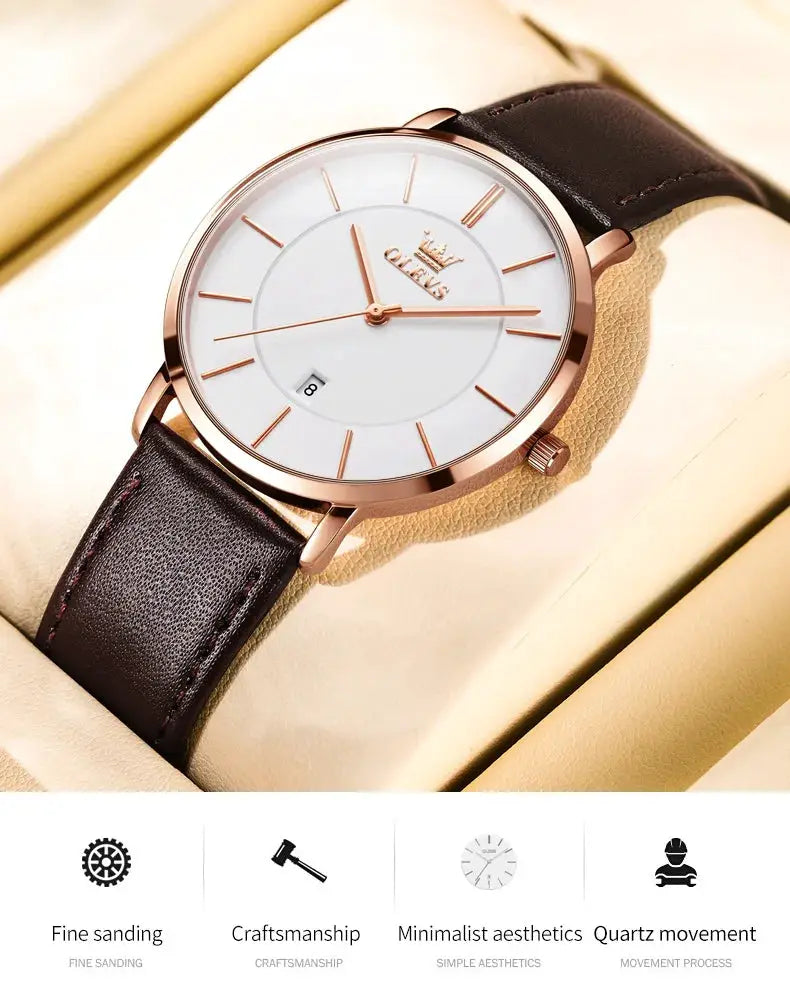 OLEVS men's quartz watch with rose gold-tone case, white dial, brown leather strap