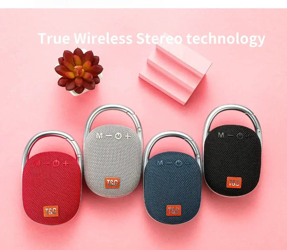 TG321 outdoor portable waterproof Bluetooth fabric speaker, set of 4 in red, gray, blue, black with T&G and carabiner.