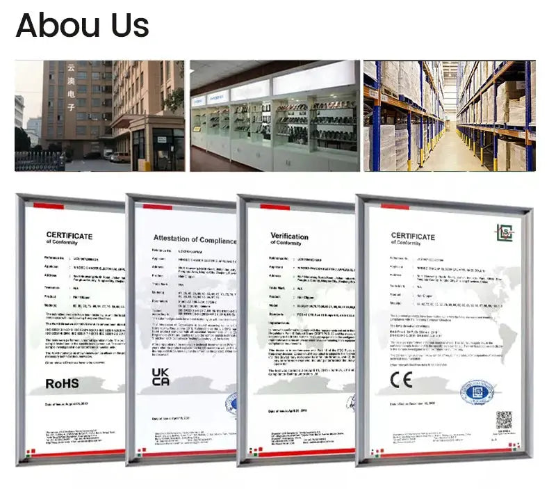 About Us collage showing office building, showroom displays, warehouse shelves, and framed certificates.