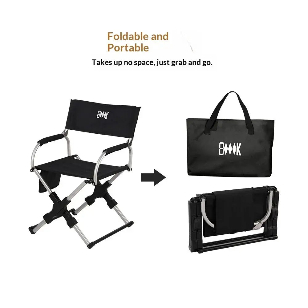 BMK outdoor foldable director chair with aluminum alloy frame and black fabric; includes carry bag.