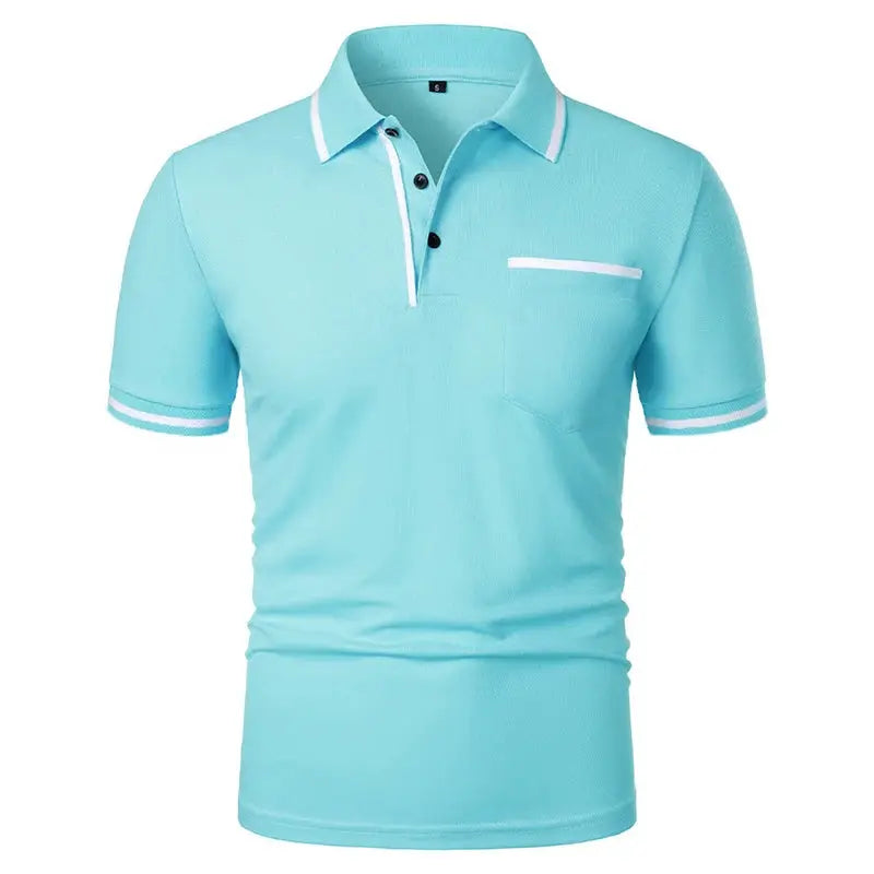 Men's light blue polo shirt by Simples Market with white trim, short sleeves and chest pocket