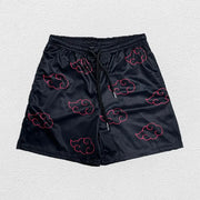 Anime running shorts for men, black quick-dry fabric with red cloud print.