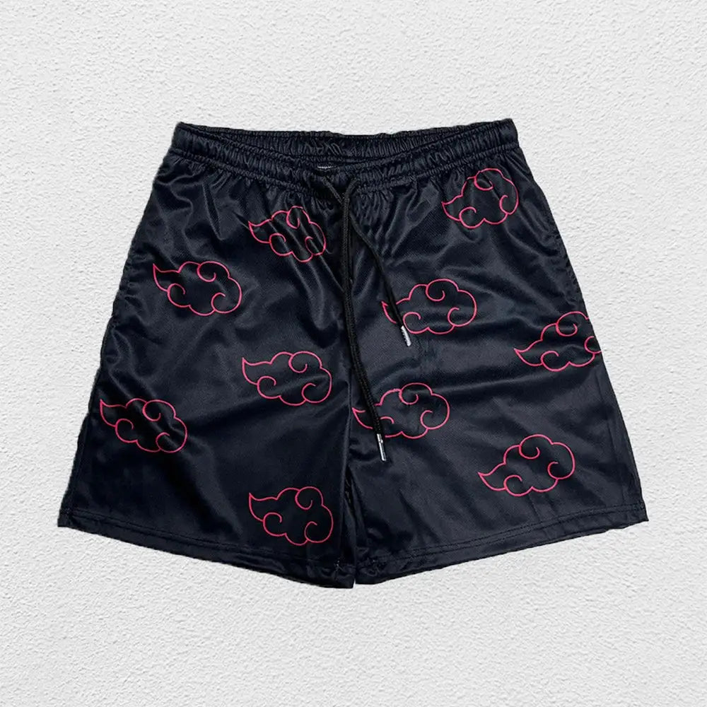 Anime running shorts for men, black quick-dry fabric with red cloud print.