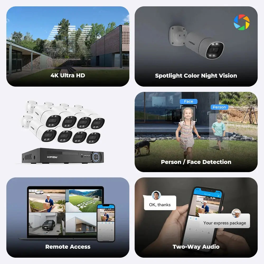 H.View 8-channel POE CCTV security system with eight outdoor IP cameras and NVR