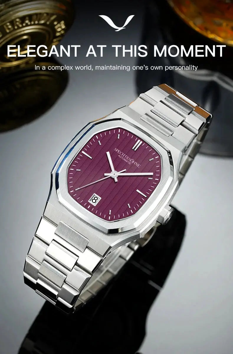 Specht&Sohne watch with stainless steel bracelet and purple dial, 37mm automatic with date window