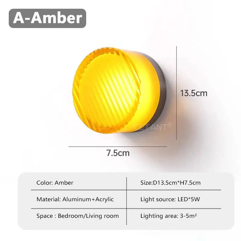 A-Amber LED wall lamp, amber aluminum and acrylic fixture, 13.5 cm dia x 7.5 cm deep for living room or bedroom decor