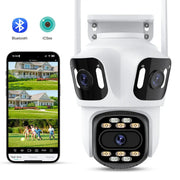 Three-lens PTZ IP outdoor security camera with WiFi and auto-tracking, shown with iCsee app on smartphone