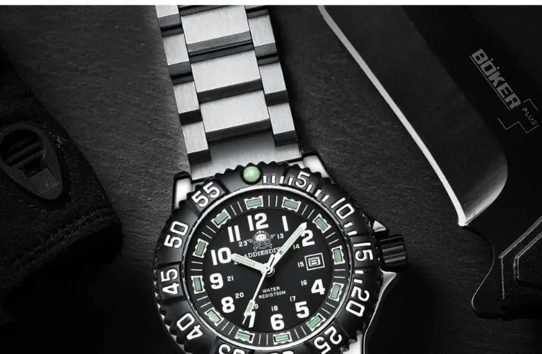Addies Dive men's watch; black dial, bracelet, luminous markers, rotating bezel, 50m water resistant