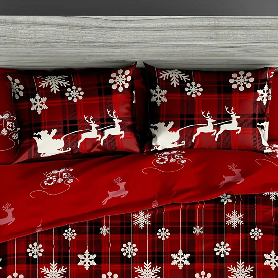 3-Piece Christmas Duvet Cover Set by Simples Market, red plaid with white reindeer and snowflakes.