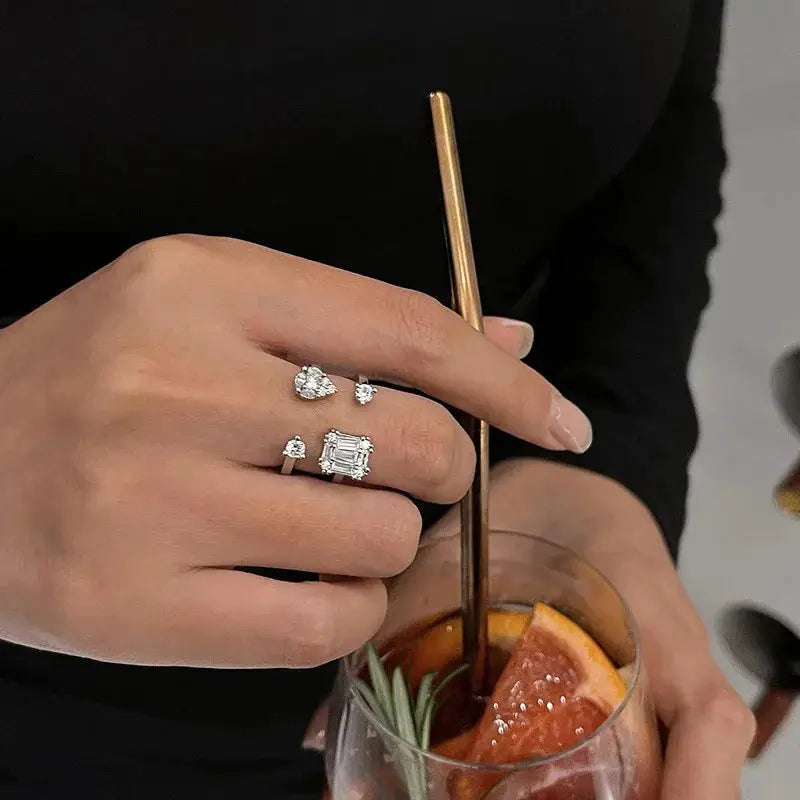925 Sterling Silver Double Layer Water Drop Ring For Women With Square Zircon Adjustable Index Finger Jewelry Gift
