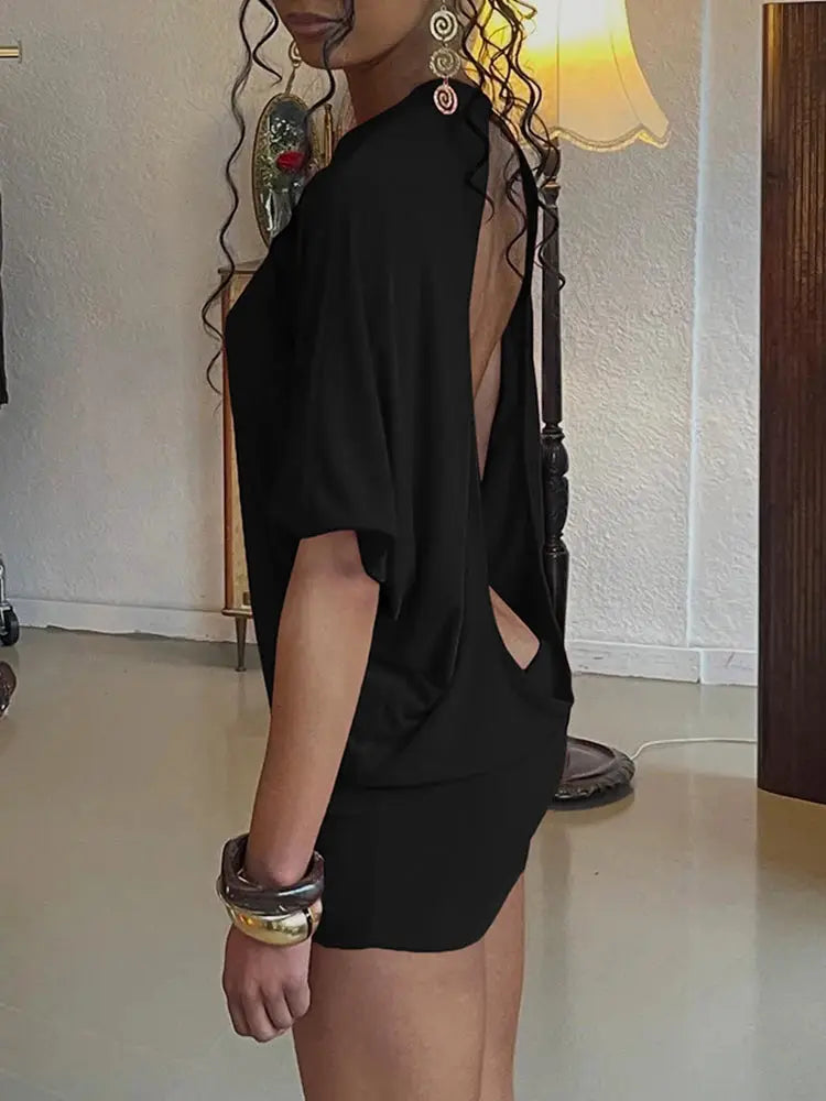 Nibber O Neck Sexy Backless Mini Dress For Women Y2K Solid Trend Style