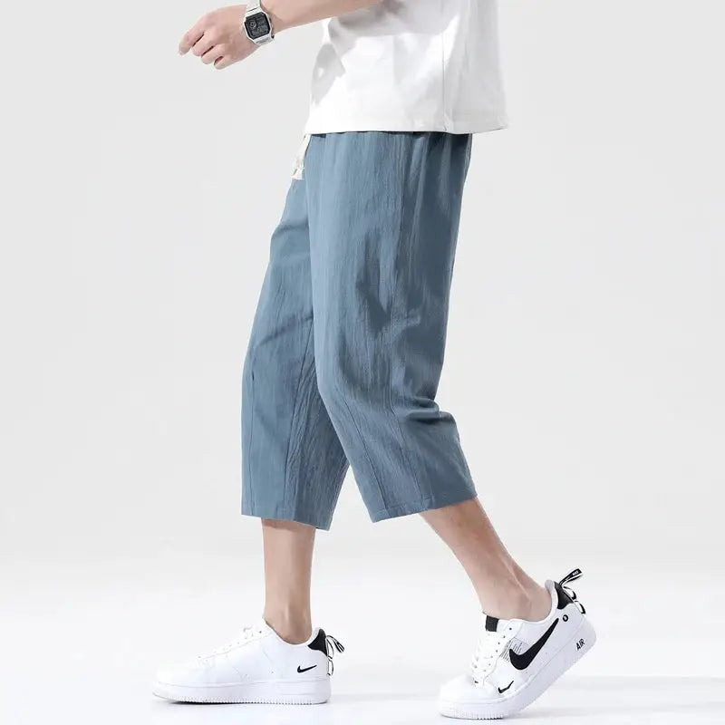 Men's lightweight blue solid-color cotton-linen shorts, straight-fit, Simples Market.