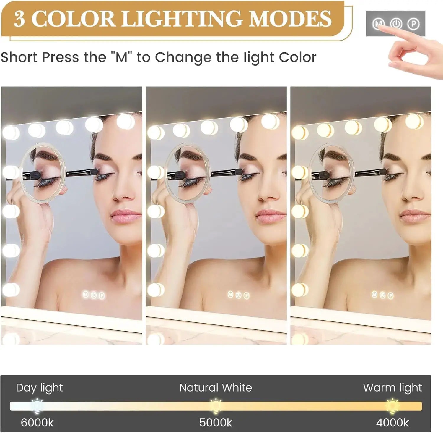 Three-panel vanity mirror with adjustable LED lights, 3x magnification, three color modes, touch controls, Simples Market.