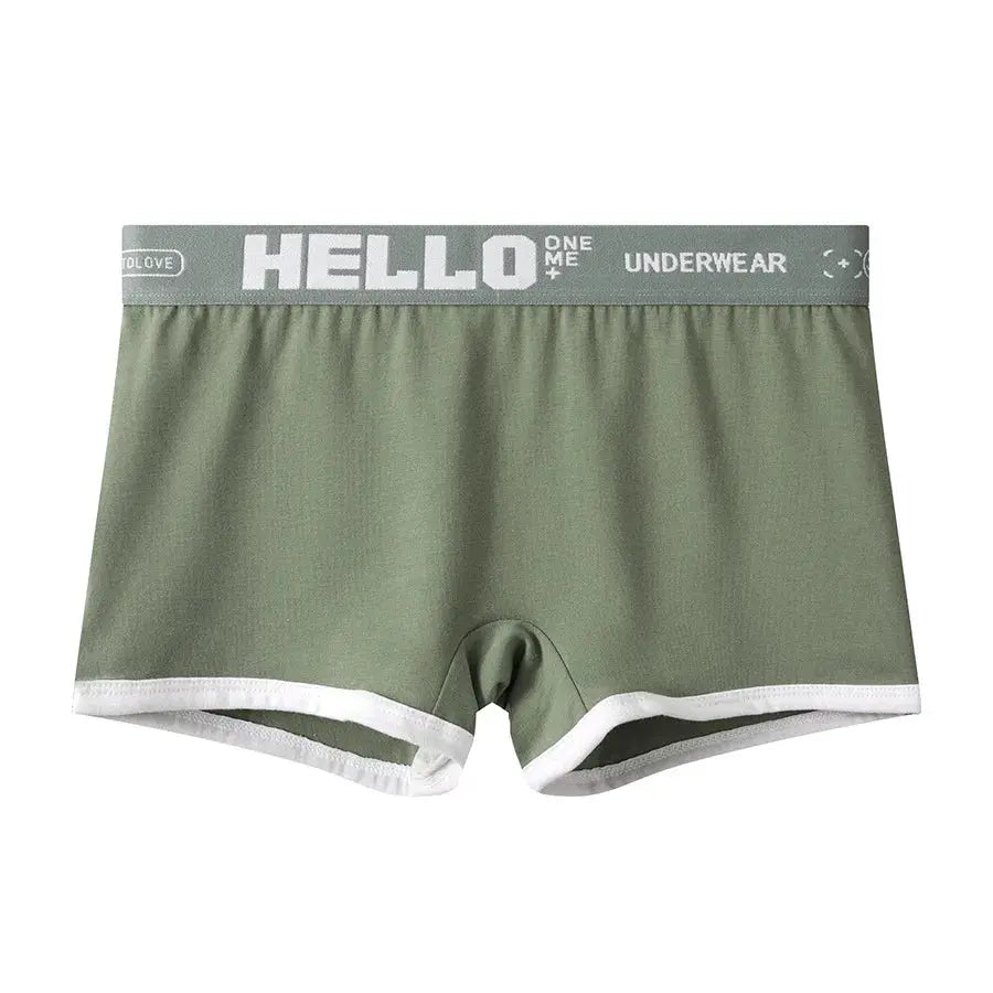 Womens cotton boyshorts in olive green with grey waistband and white trim