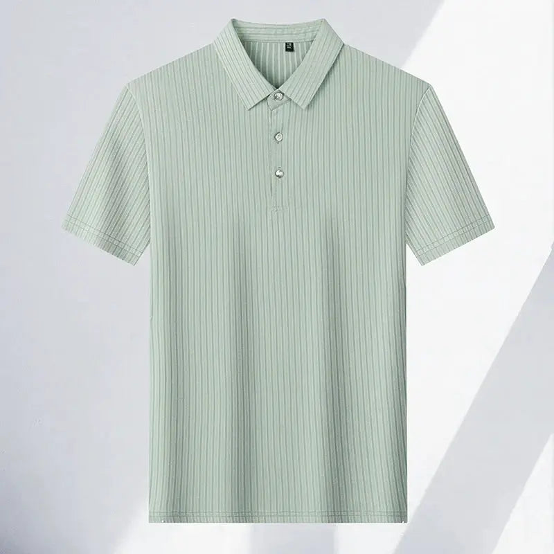 Men's mint-green striped polo shirt, short sleeves with collar; Simples Market.