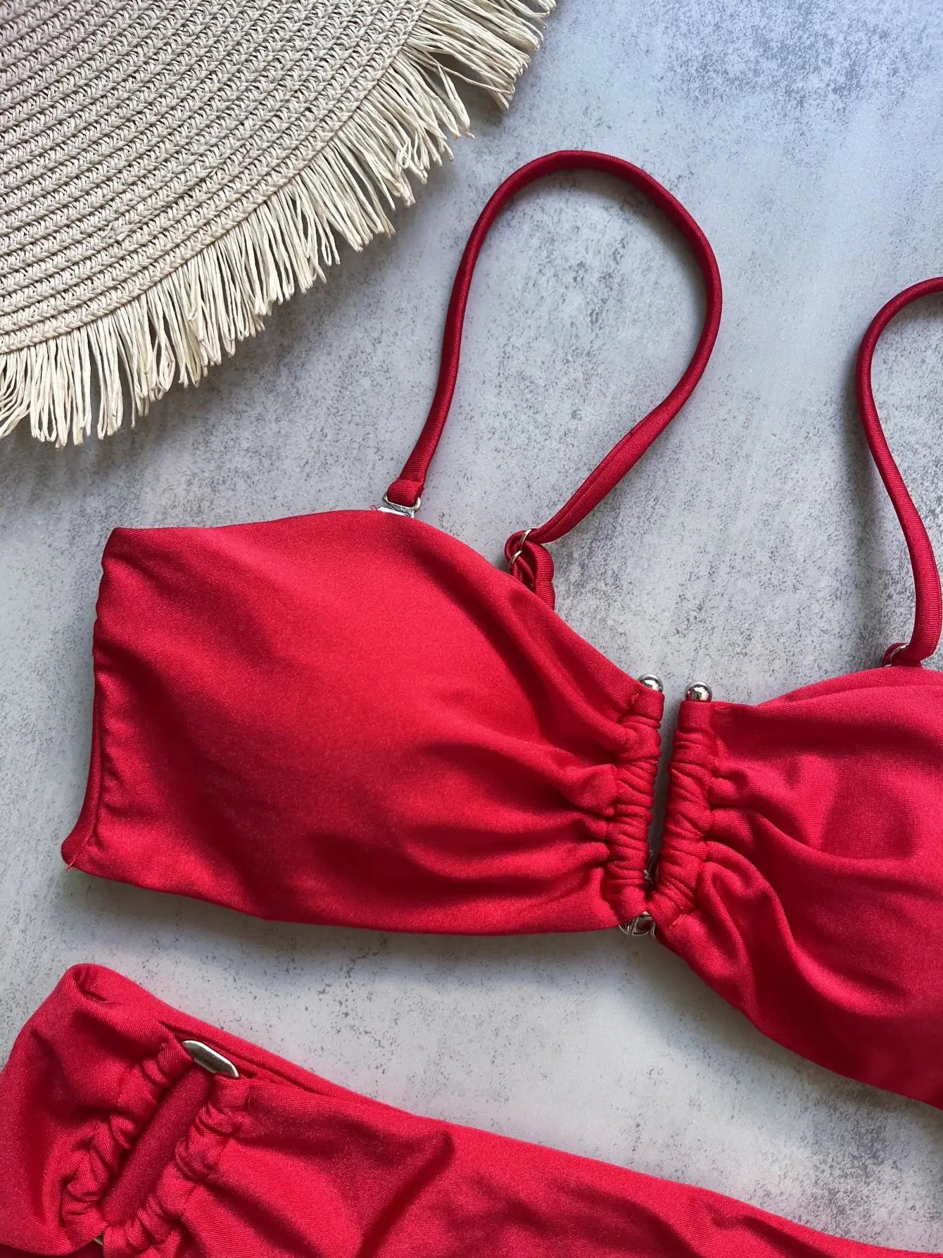 Bandeau bikini top by Simples Market in red with ruched center and adjustable straps