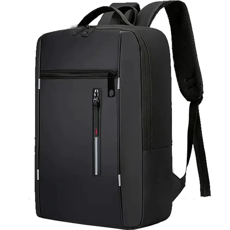 Backpack by Simples Market, black neutral-style business/travel bag with vertical front zipper pocket.
