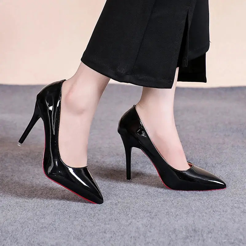 LuxePoint Pointed Toe Patent Leather High Heels Red Sole Stiletto Pumps For Work And Parties