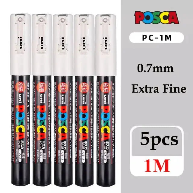 POSCA Uni Posca paint marker pen set, 5 pcs (PC-1M PC-3M PC-5M), black bodies with white caps