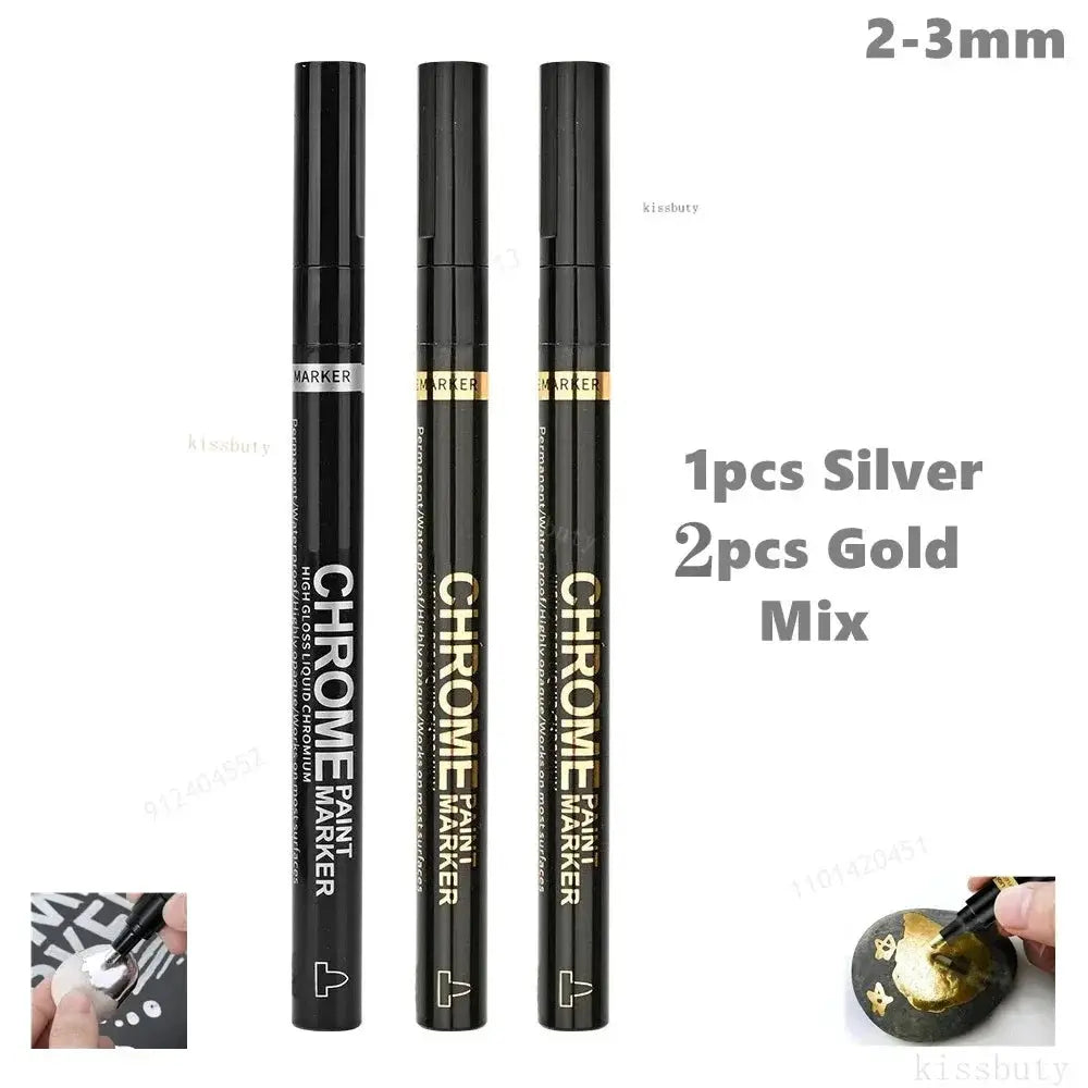 Chrome paint marker pen set, 3pcs mix: 1 silver, 2 gold, black pens with metallic bands, 2–3mm reflective tips
