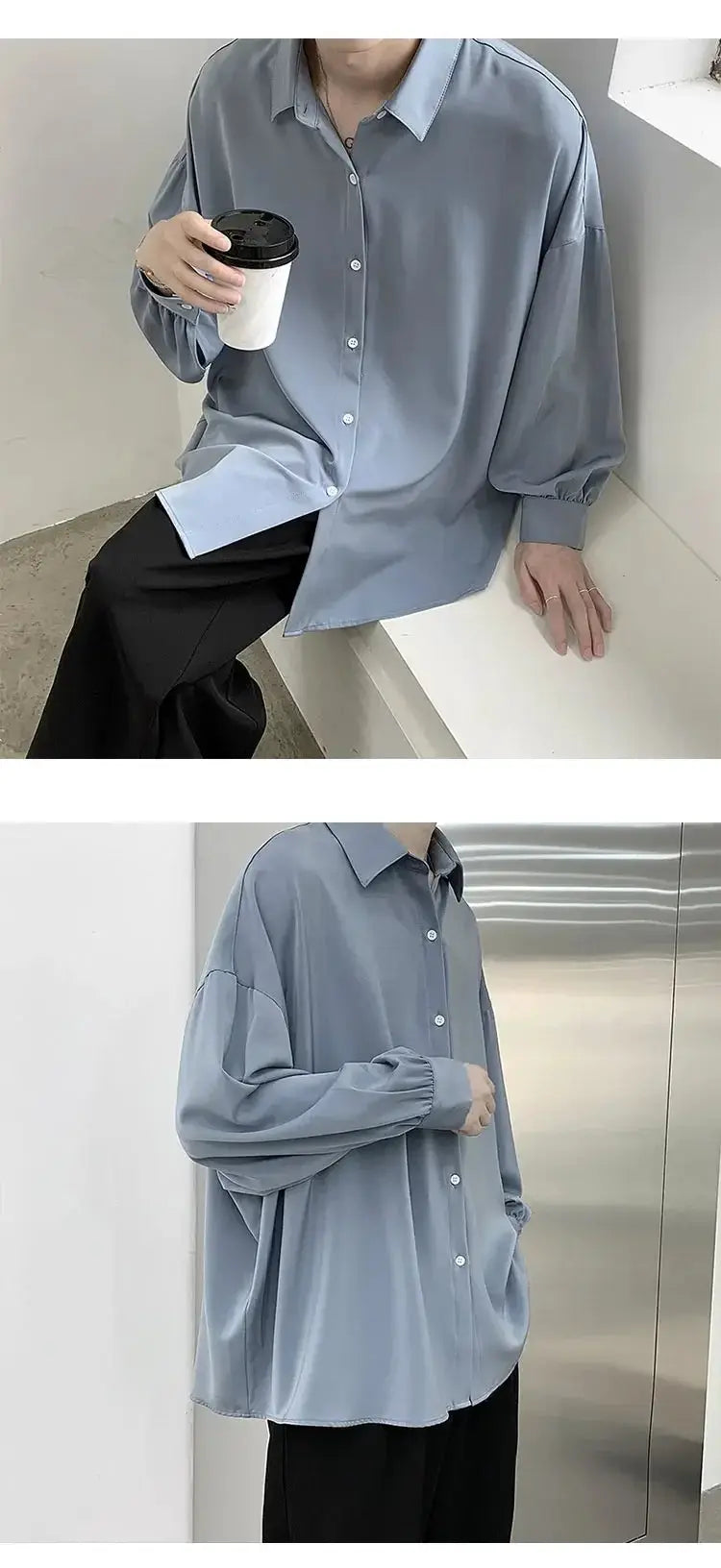 Korean style men's oversized blue-gray long-sleeve shirt, button-down, casual breathable.