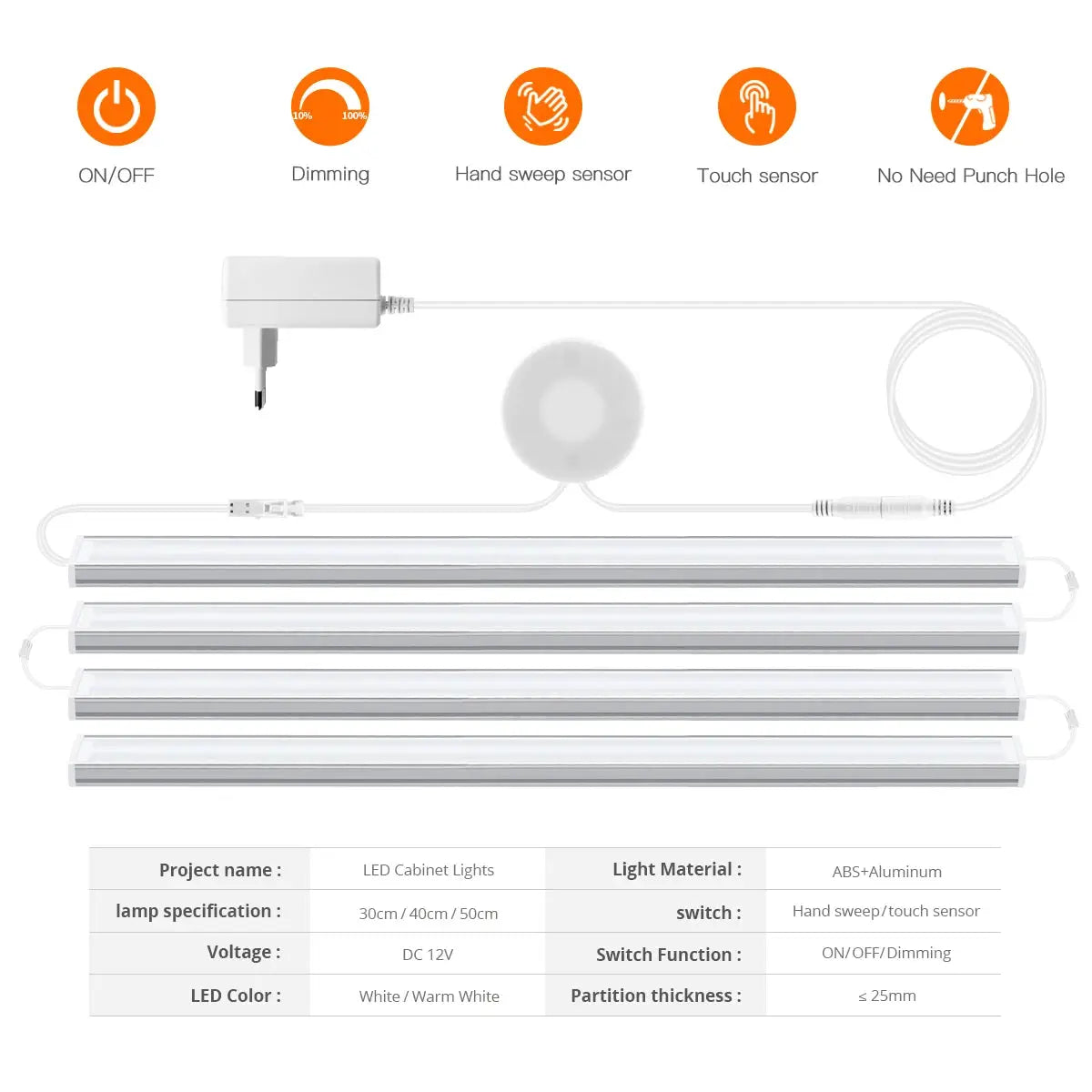 Simples Market LED under-cabinet kitchen light kit with 4 white bars, touch and motion sensor, dimmable.