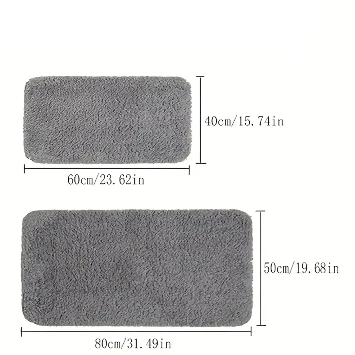 Bath mats, gray long-hair plush, anti-slip, machine washable, water-absorbent; two sizes 60x40 cm and 80x50 cm
