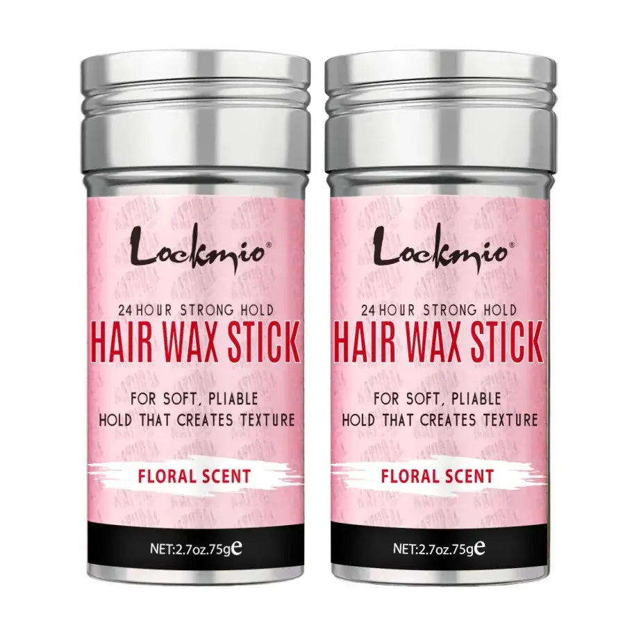 Lockmio Hair Wax Stick duo with pink labels, floral scent, 24-hour strong hold.