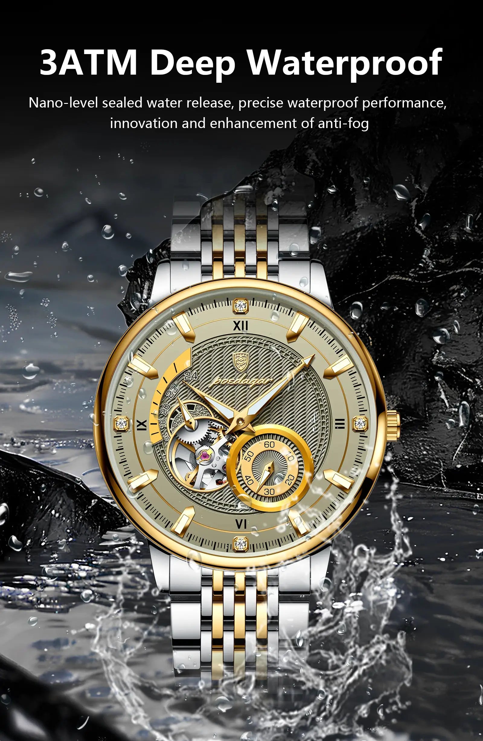 POEDAGAR luxury men's wristwatch, two-tone gold and silver stainless steel with skeleton dial and automatic movement