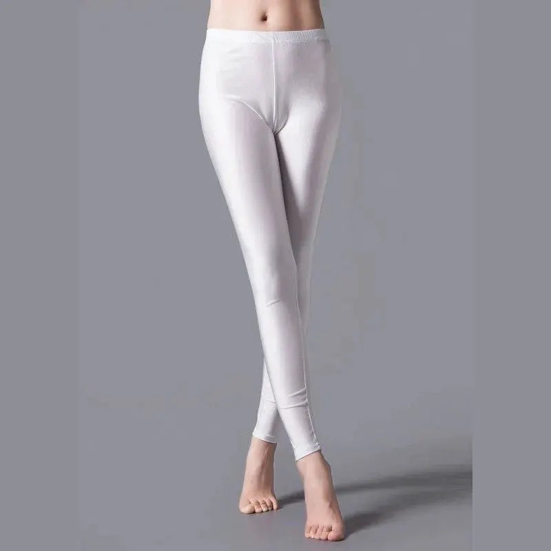 Leggings, white shiny fabric, high-elastic skinny fit yoga pants for women