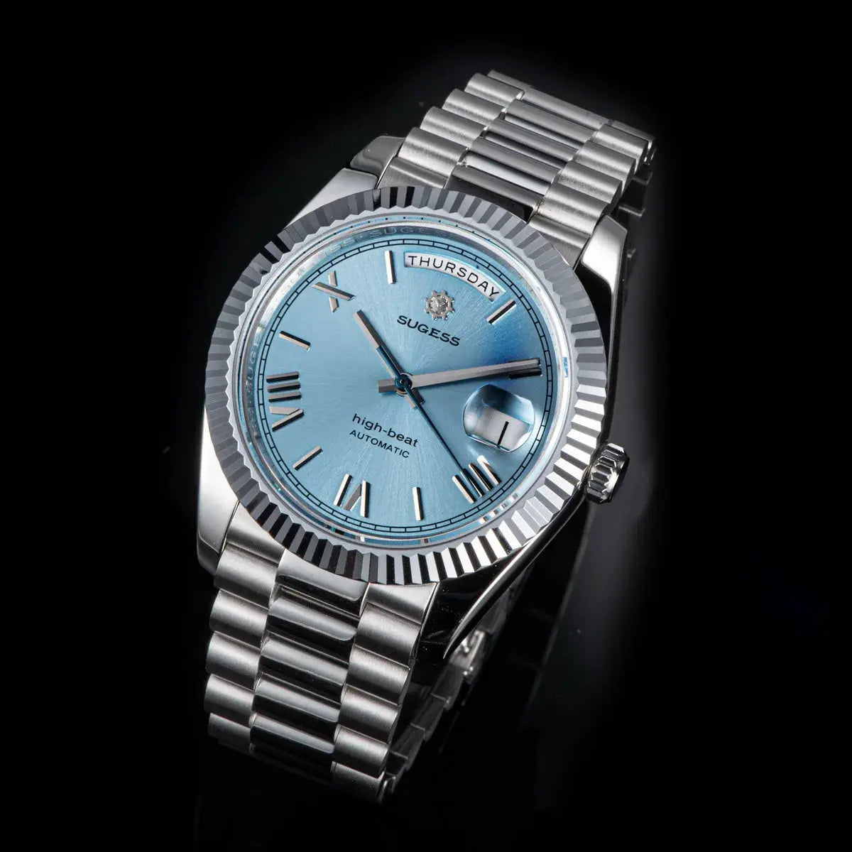 Sugess mens 40mm automatic watch with blue dial, day-date display, sapphire glass, stainless steel bracelet