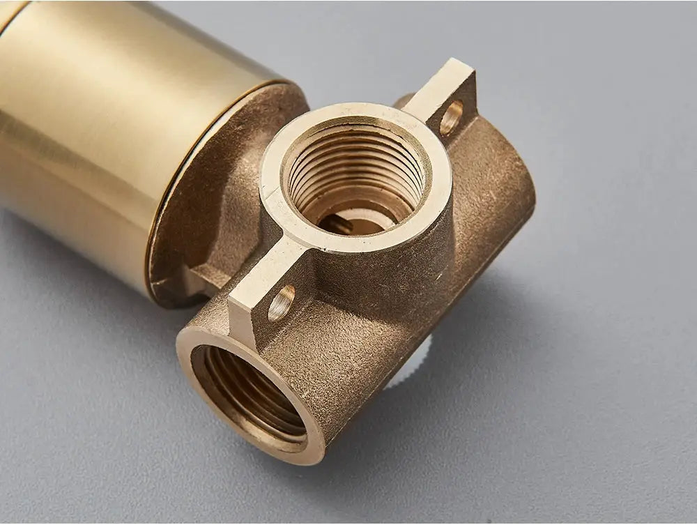Brass bathroom mixer valve component with dual threaded inlets and cylindrical cartridge