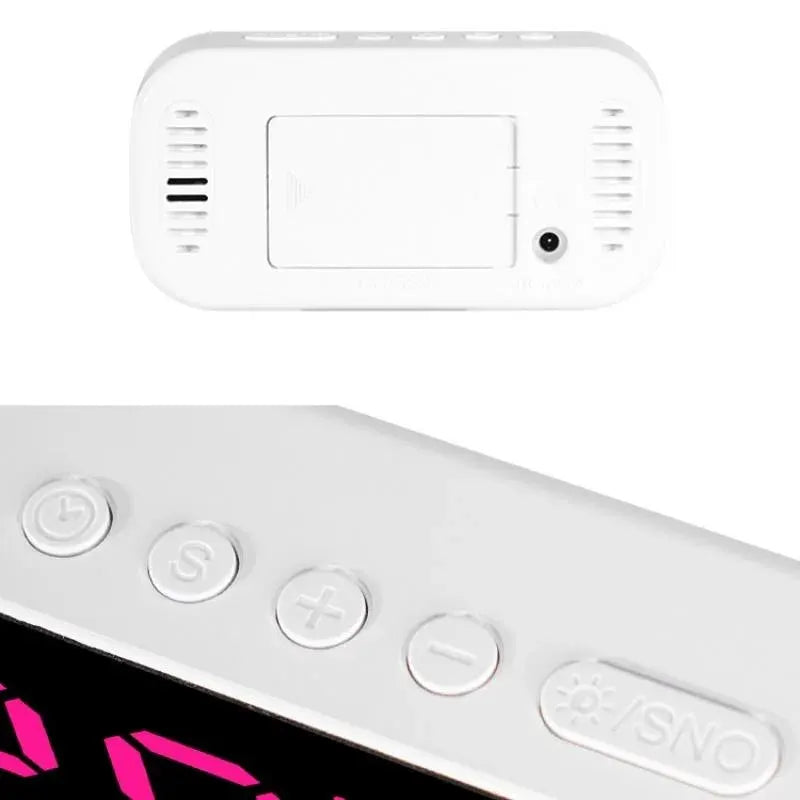 White USB-powered digital alarm clock with back-panel controls and snooze button.