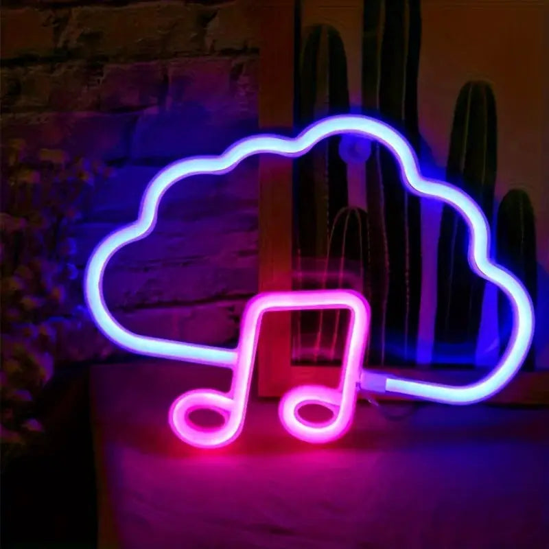 Decorative neon cloud light with pink music note and blue outline, USB or battery powered