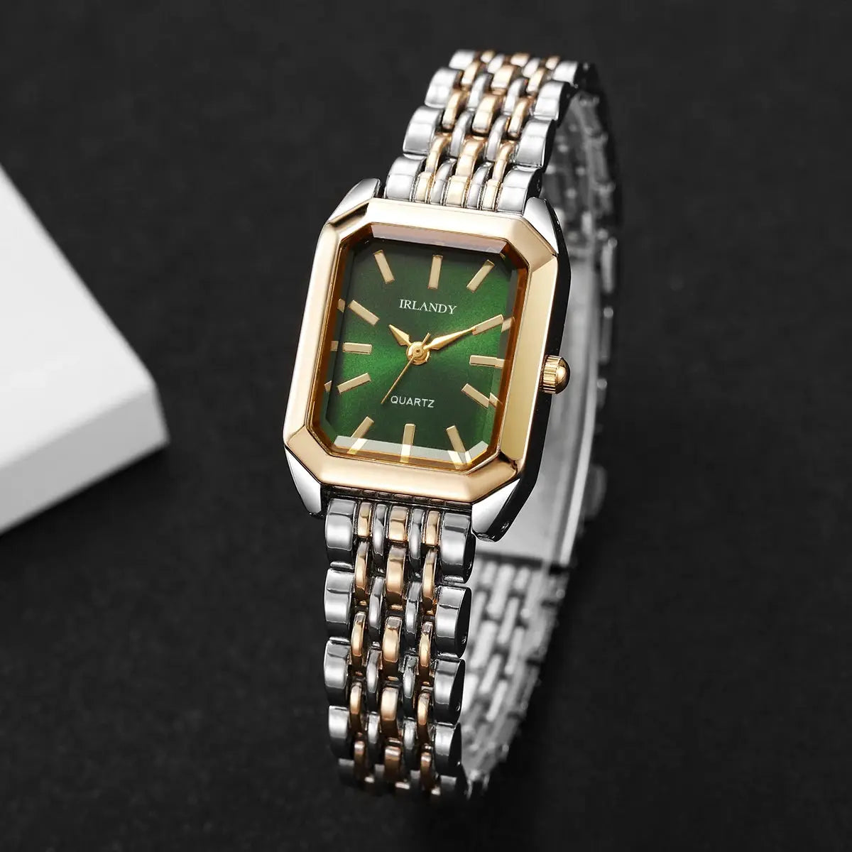IRLANDY rectangular women's quartz watch with green dial and two-tone stainless steel bracelet